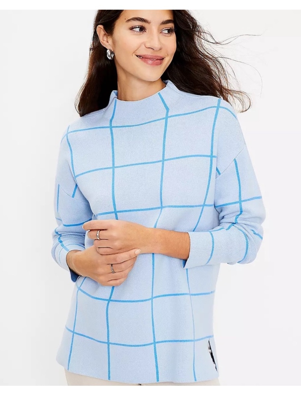 LOFT Light Blue Windowpane Mock Neck Sweater